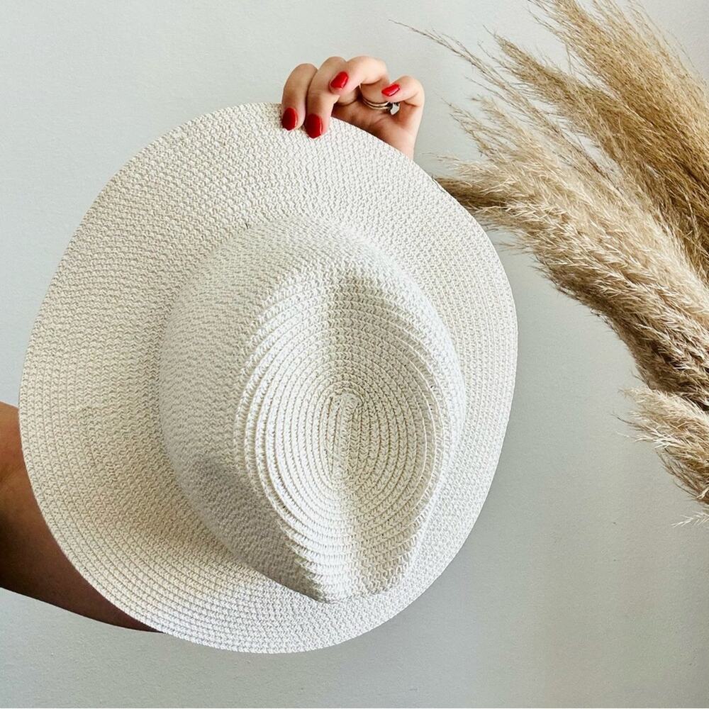 VINTAGE NORDSTROM Cream Tan Straw Wide Visor Brim Green Peacock Fedora Sun Hat - Picture 3 of 11